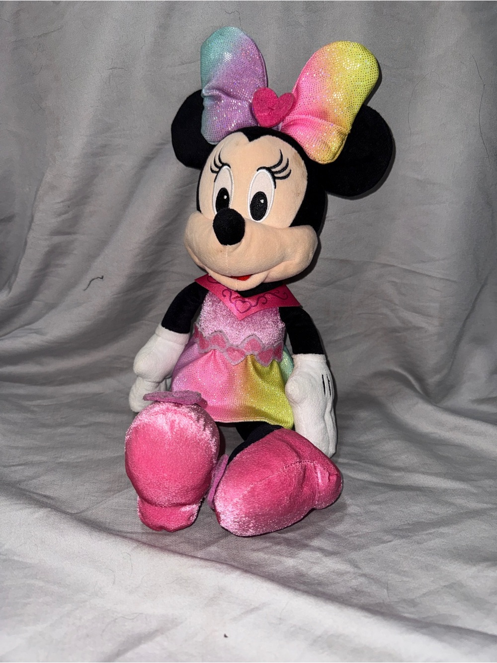 Disney Minnie Mouse Plush with Rainbow Bow and Pink Outfit